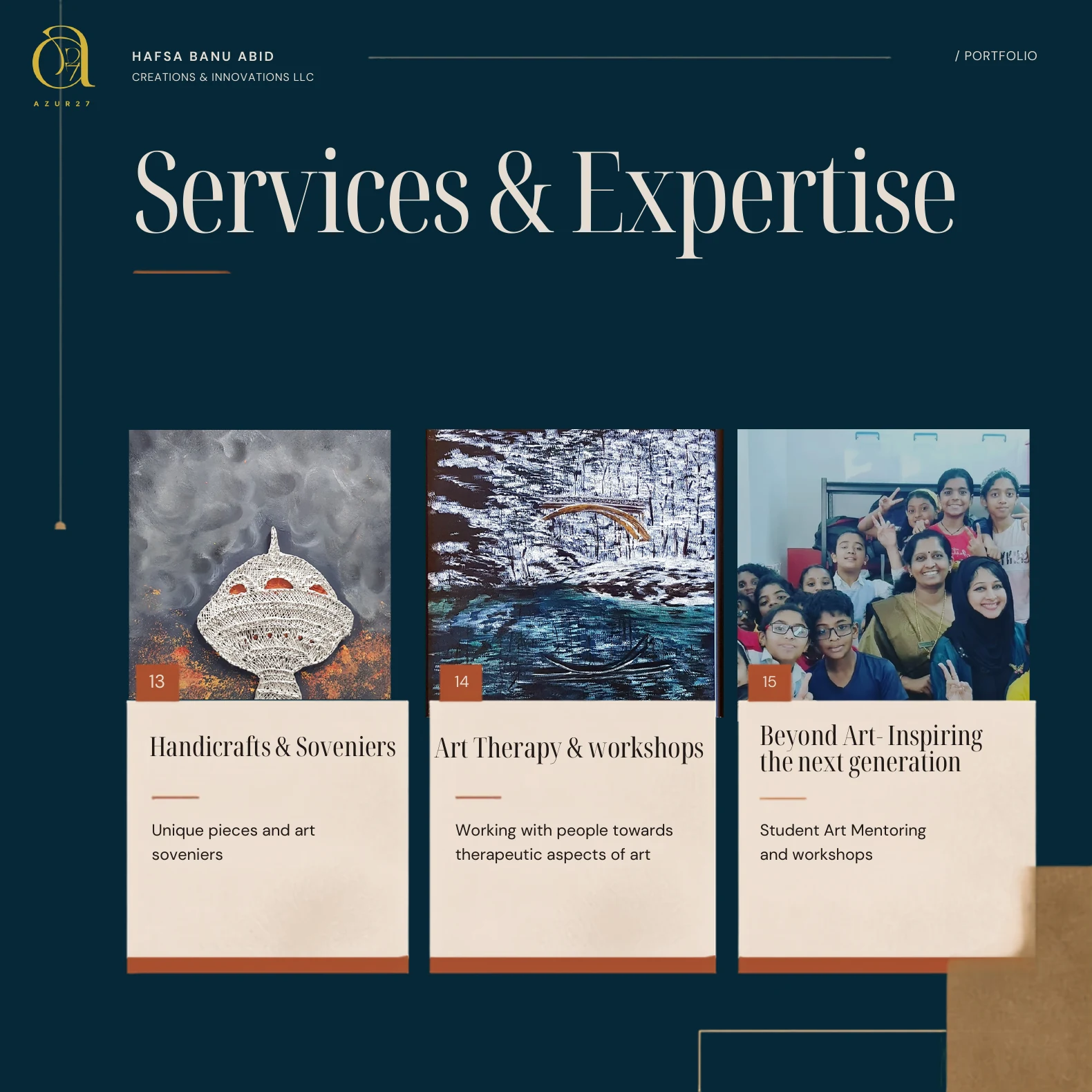 Services and Expertise — Handicrafts and Souvenirs, Art Therapy and Workshops, Student Art Mentoring and Workshops